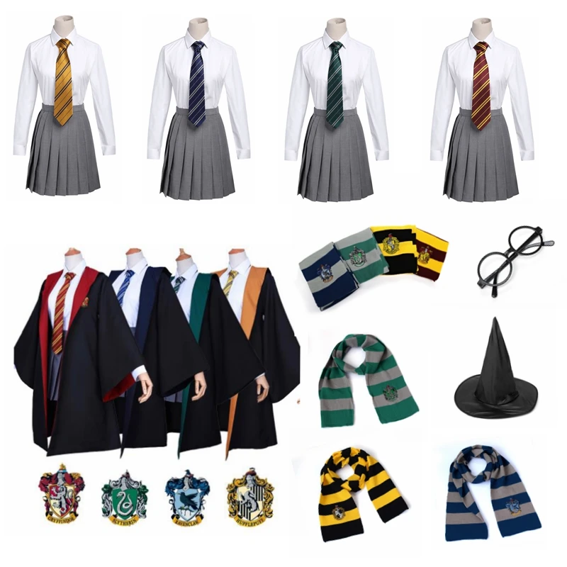 Halloween Cosplay Hogwarts Abbigliamento Costume Magico Hermione Griffindo Mantello Gonna Maglione Cravatta Slytherin Malfoy Uniforme Scolastica