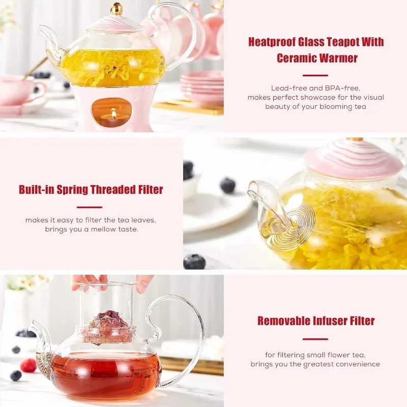 Small Tea Set of 6, Handcraft Golden Trim, Porcelain Tea Pot Set for Kids&Adults, 1 Glass Teapot(22oz), 6 Cups(4oz), 6 Saucers
