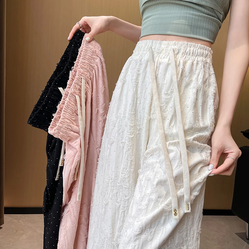 

Design sense worn out hot diamond high waisted casual pants for women's 2024 summer new drawstring wide leg mop pants