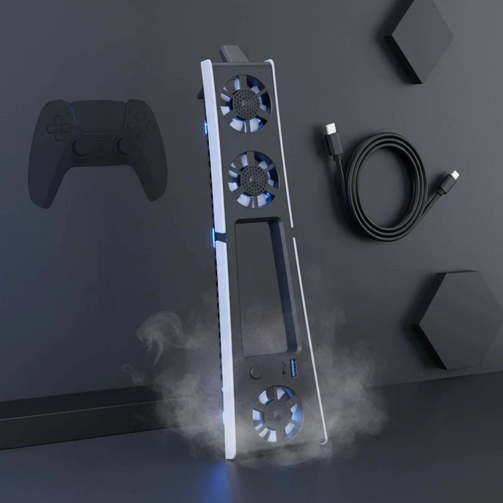PS5 슬림 쿨링 팬 범용 호환 PS5 슬림 쿨링 시스템 외부 콘솔 쿨링 시스템 블루 조명 트리플 팬