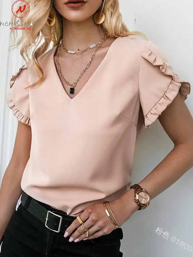 

Sweet Women Summer Solid Color T-Shirts Patchwork Design Ruffles Decor V-Neck Petal Short Sleeve Loose Pullovers Thin Top