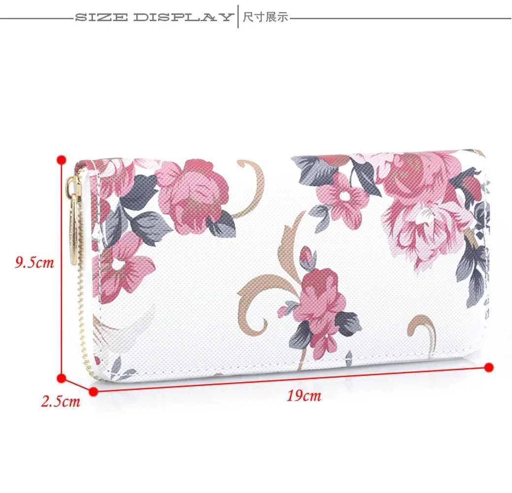 Women's Rose Print Wallet Long Handbag Fashion Wild Zipper Clutch Bag Multi-card Wallet Purse Card Holder