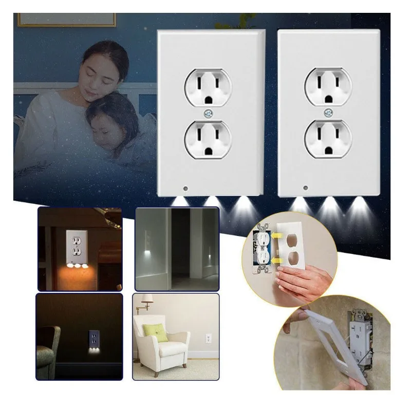LED 라이트 바 포함 전기 콘센트 가이드 라이트, 야간 조명 벽 플레이트, 자동 켜기/끄기 센서