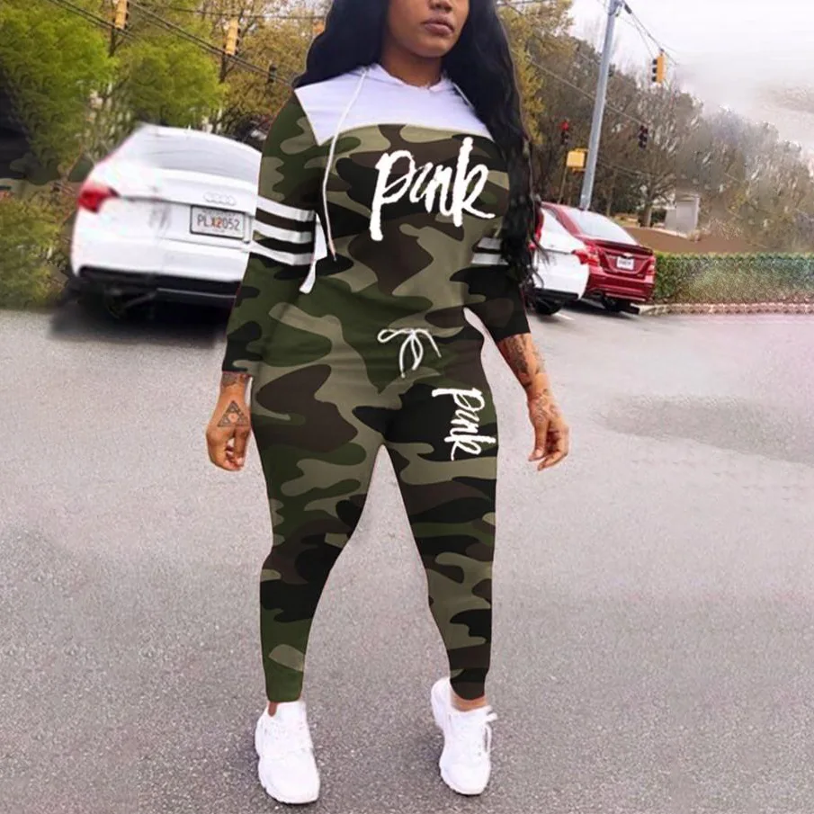 New PINK Print Sport Wear Casual Two Piece Tracksuit Women Camouflage Hoodies + Skinny Pants Suit Streetwear 2 PCS Outfits 2022