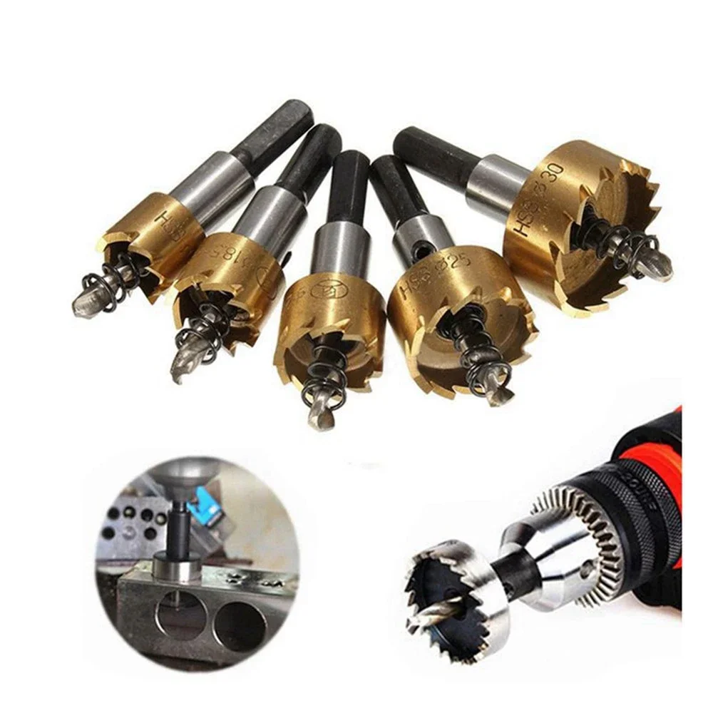 5Pcs Titanium Coated HSS Drill Bit Hole Saw Set Stainless Steel Metal Alloy Cutting 16 18.5 20 25 30mm for Woodworking