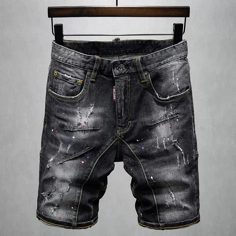 Summer Fashion Men Jeans Retro Black Gray Stretch Elastic Spliced Ripped Short Jeans Painted Designer Hip Hop Denim Shorts Men ripped summer men s pocket denim shorts hip hop jogging 5 cent shorts paint student casual straight loose short jeans