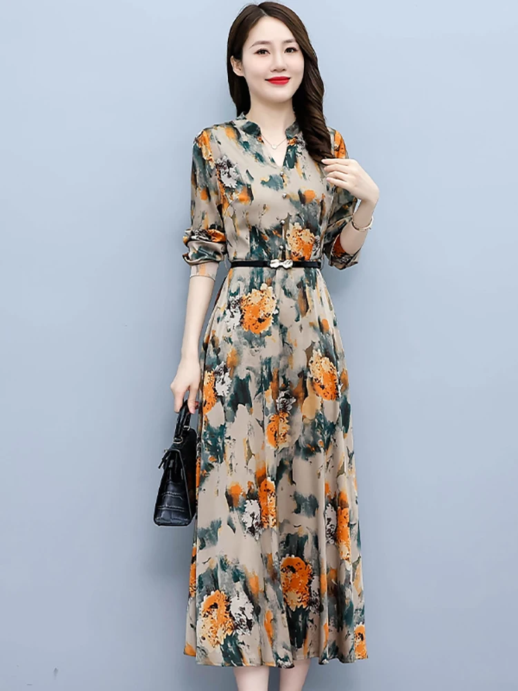 2024 Floral Acetate Satin Casual Long Robe Vintage Women Runway Prom Night Dress Spring Autumn Elegant Bodycon Party Midi Dress