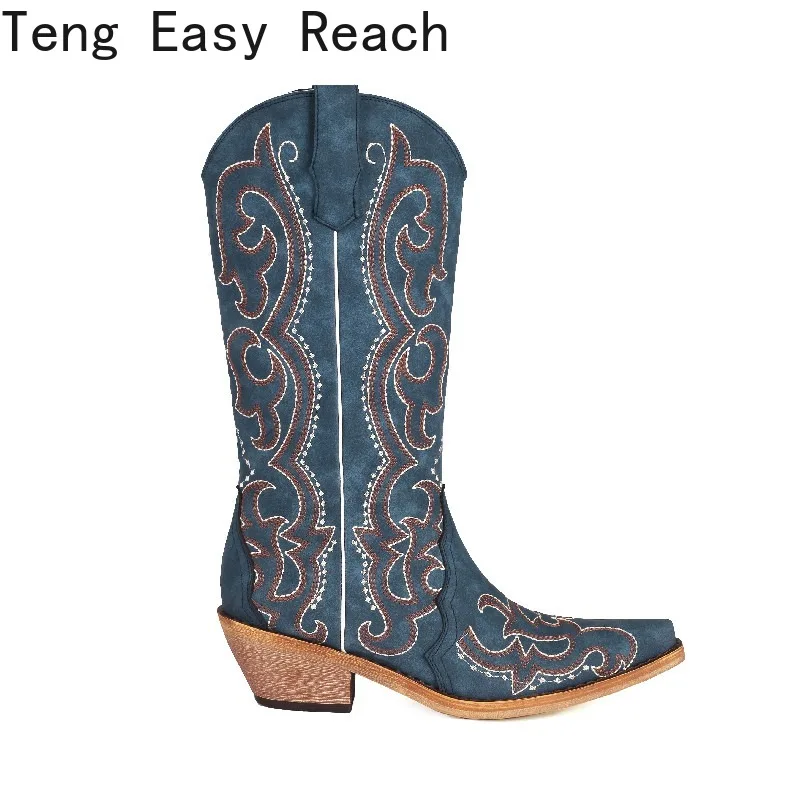 Pointed Toe Denim Fashion Knee High Mid Calf Boots for Women Retro Cowboy Cowgirls Western Boots Autumn Hot Sale Shoes 2023