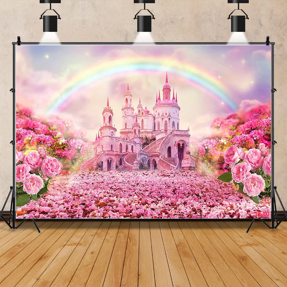 

SHUOZHIKE Happy Birthday Photography Backdrops Castle Fairy Tale Pink Rose Gender Reveal Theme Studio Background Props VC-01