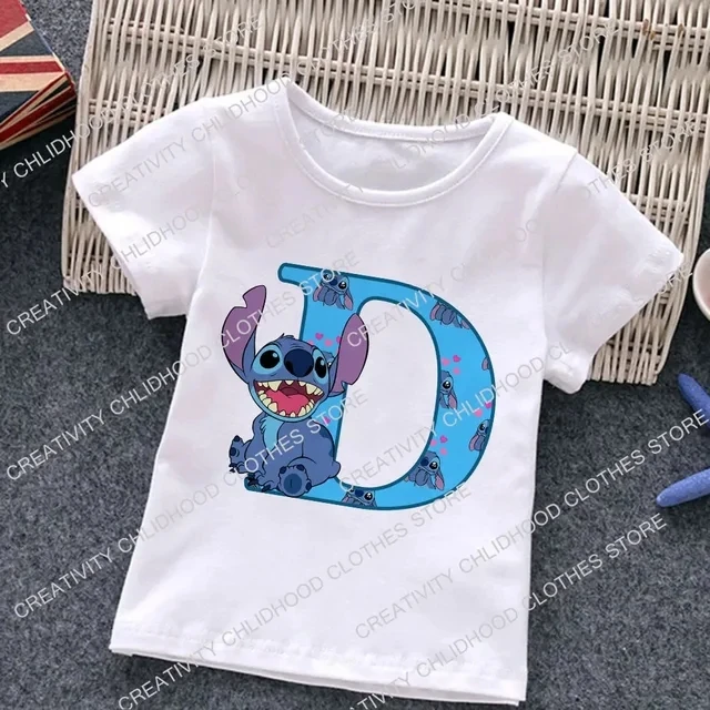 thumbnail image 1 of Camiseta de algodón para niños con letras ABCD y puntada blanca, camiseta con combinación de nombres para bebé, camiseta de dibujos animados Kawaii para niño y niña, top informal estilo Harajuku, 1 of 5