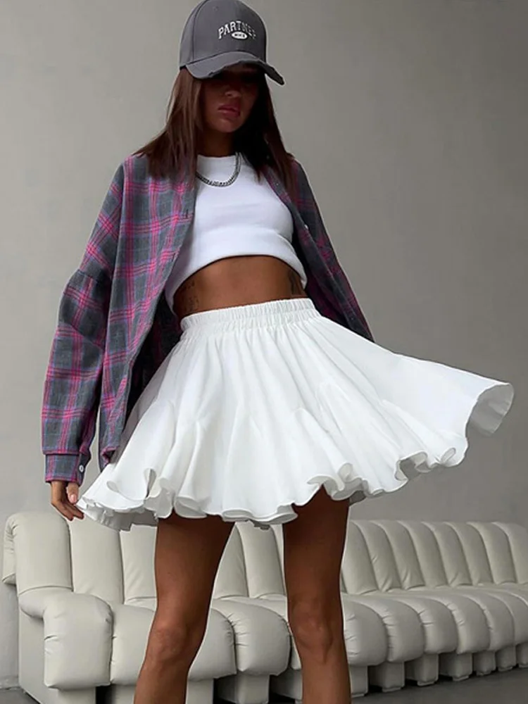 Summer White Mini Skirt A-line High Waist Sexy Cute Ruffle Vintage