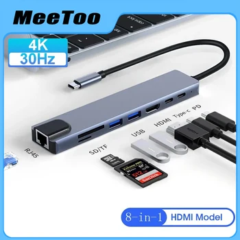 USB C 허브 C타입 3.1-4K HDMI 어댑터, RJ45 SD/TF 카드 리더기, PD 고속 충전, 맥북 노트북 노트북 컴퓨터용, 8 인 1