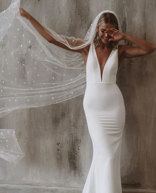 Plain Crepe Mermaid Wedding Dress Sexy 