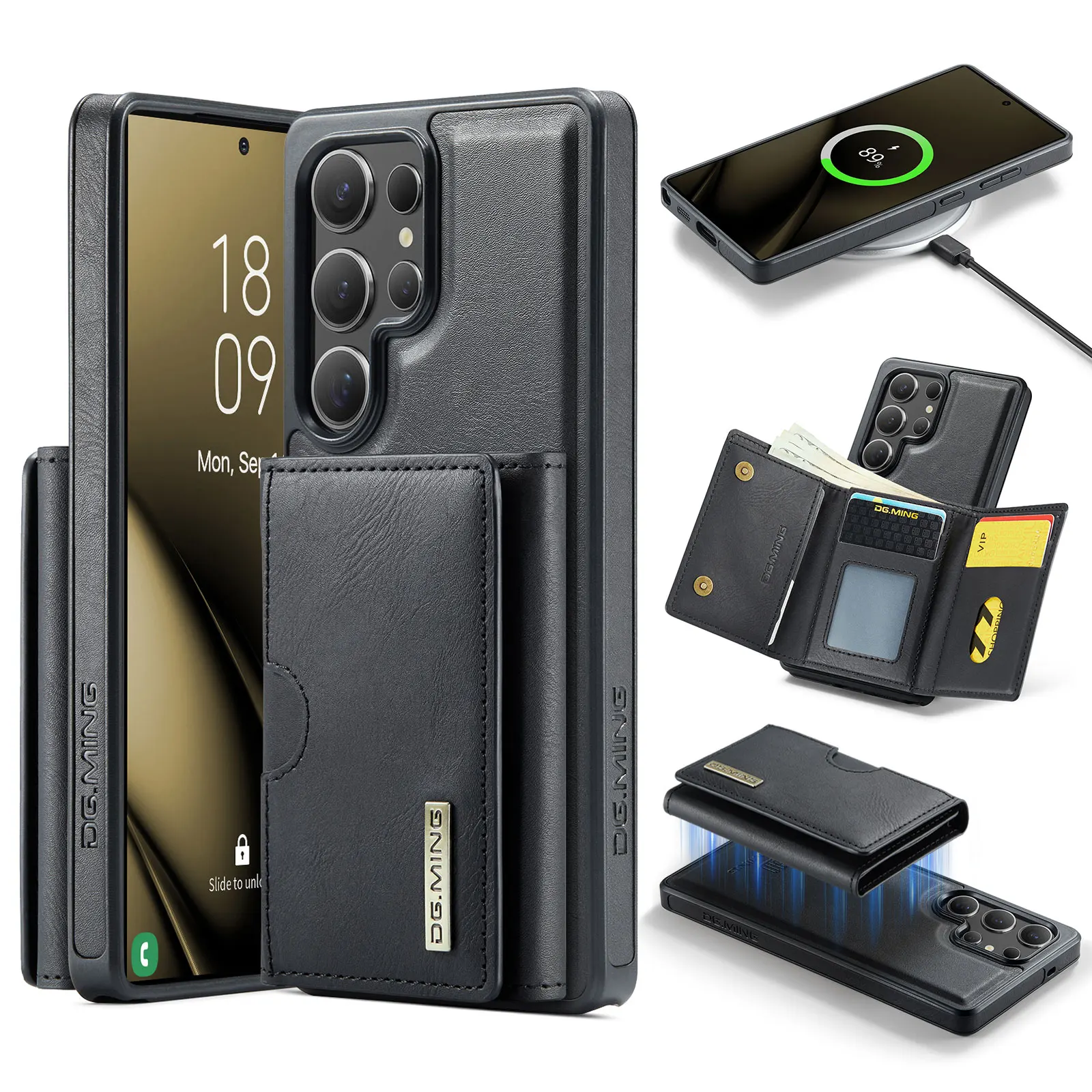 Magnetic Leather Wallet Phone Case with Detachable Flip Card Holder