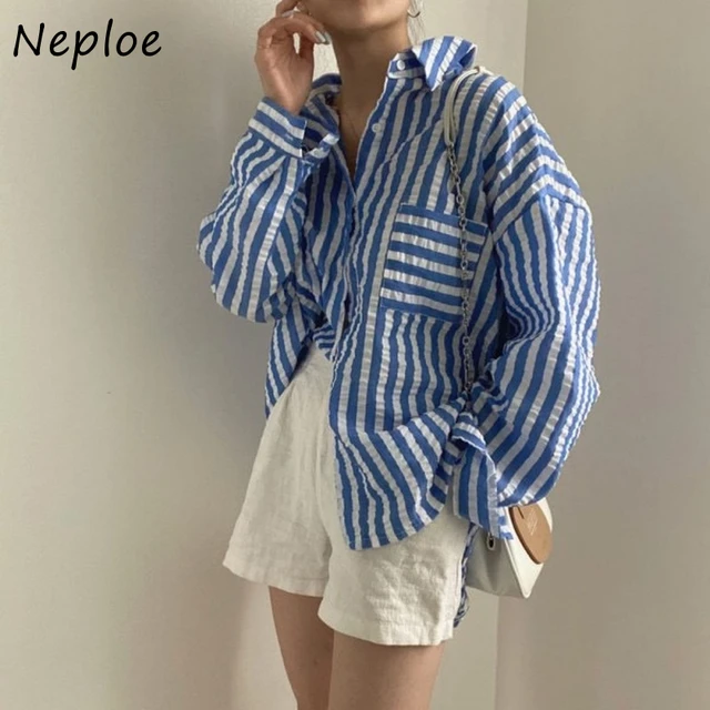 Neploe Korean Chic Fresh Design Sense Blouse Women Single-Breasted Striped  Shirt 2024 Autumn Temperament Lapel