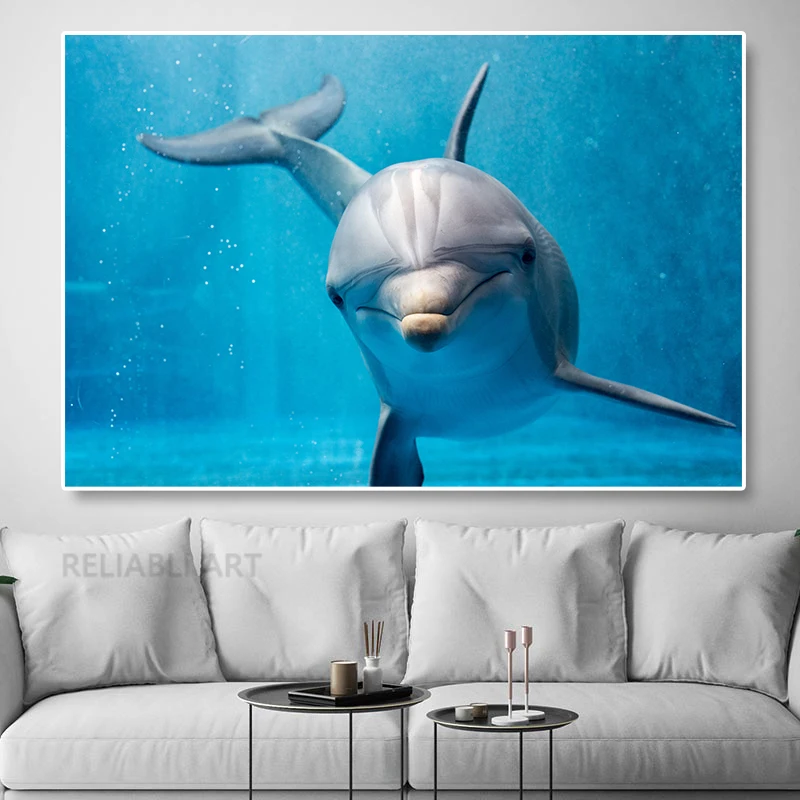 Dolphins Waves Hawaii Pacific Ocean Canvas Print Smiling Dolphin Wall Pictures Animal Posters and Prints for Living Room Decor