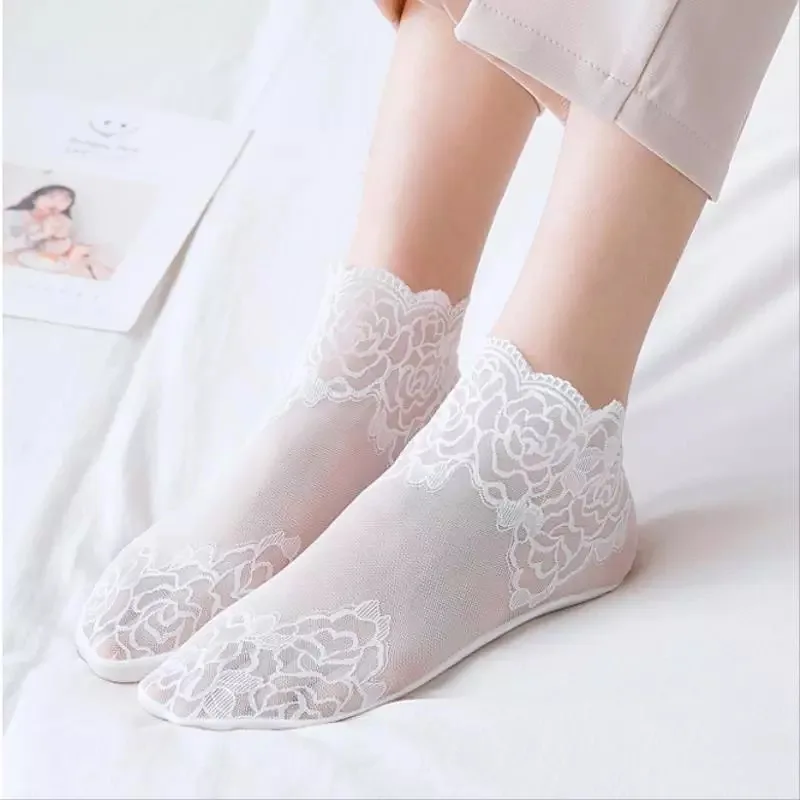 8 Pairs Sheer Socks For Women, Vintage Embroidered Floral Socks