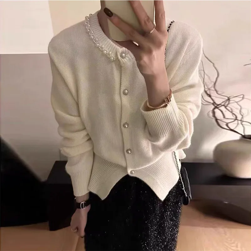 

Collar studded knitted cardigan sweater jacket for women, casual slimming versatile long sleeved top, spring and autumn, new