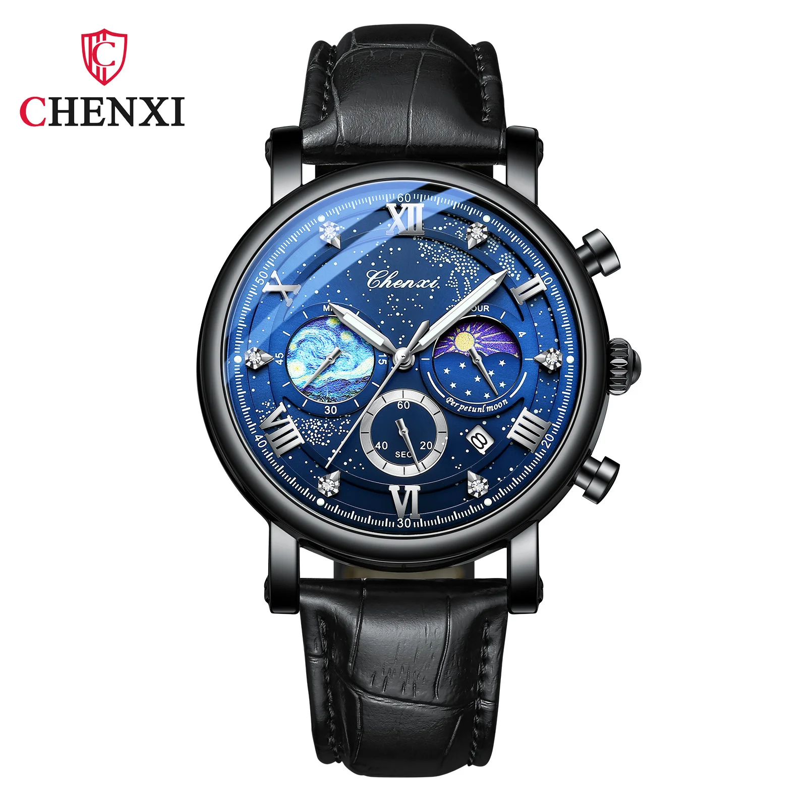 Chenxi 972 Zon Sterren Multifunctionele Mode Mannen Maanfase Timing Kalender Quartz Horloge Man