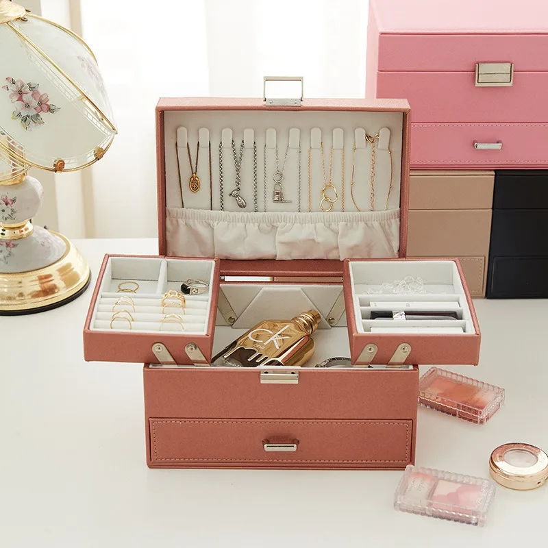 Three-layer Large Portable Jewelry Organize Box PU Earrings Rings Storage Case Necklace Display Gift for Girls Jewelers