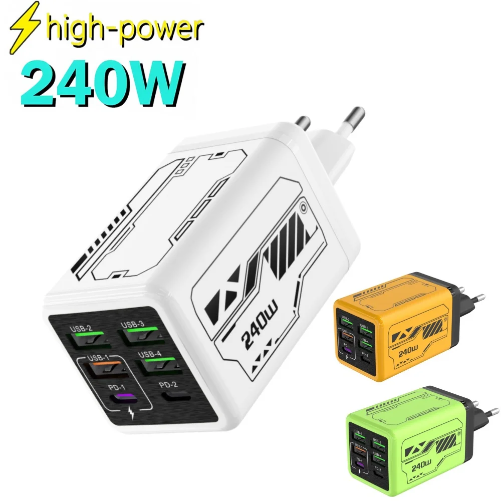 240W USB Type C Charger 6 Ports USB Super Fast Charging Mobile Phone Power Adapt