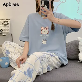 여성용 만화 면 잠옷, 반팔, 긴 바지, 잠옷, 한국 패션, 토끼 프린트 홈 의류, 여름 신상