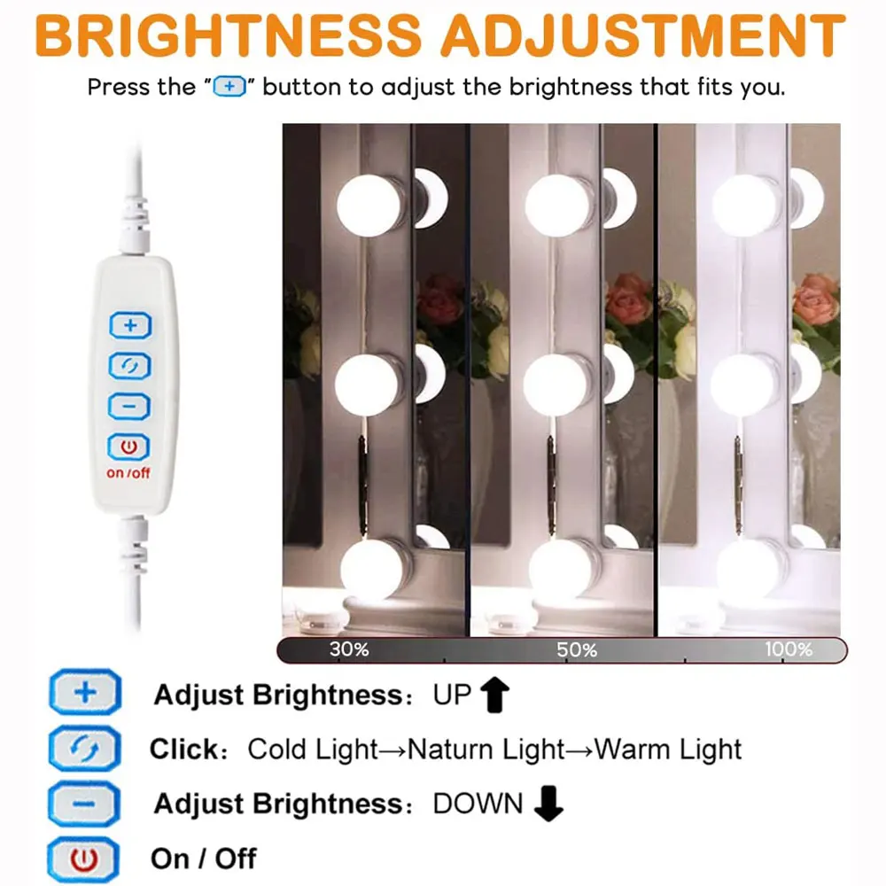 Make Up Mirror Vanity Light 10 Dimmable Bulb Adjustable Color Brightness Light Stick On For Makeup Table Dressing