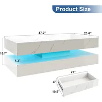 LED Coffee Table with 2 Storage Drawers, Modern High Gloss White Coffee Table w/20 Colors LED Lights, 2 Tiers Rectangle Center T 2