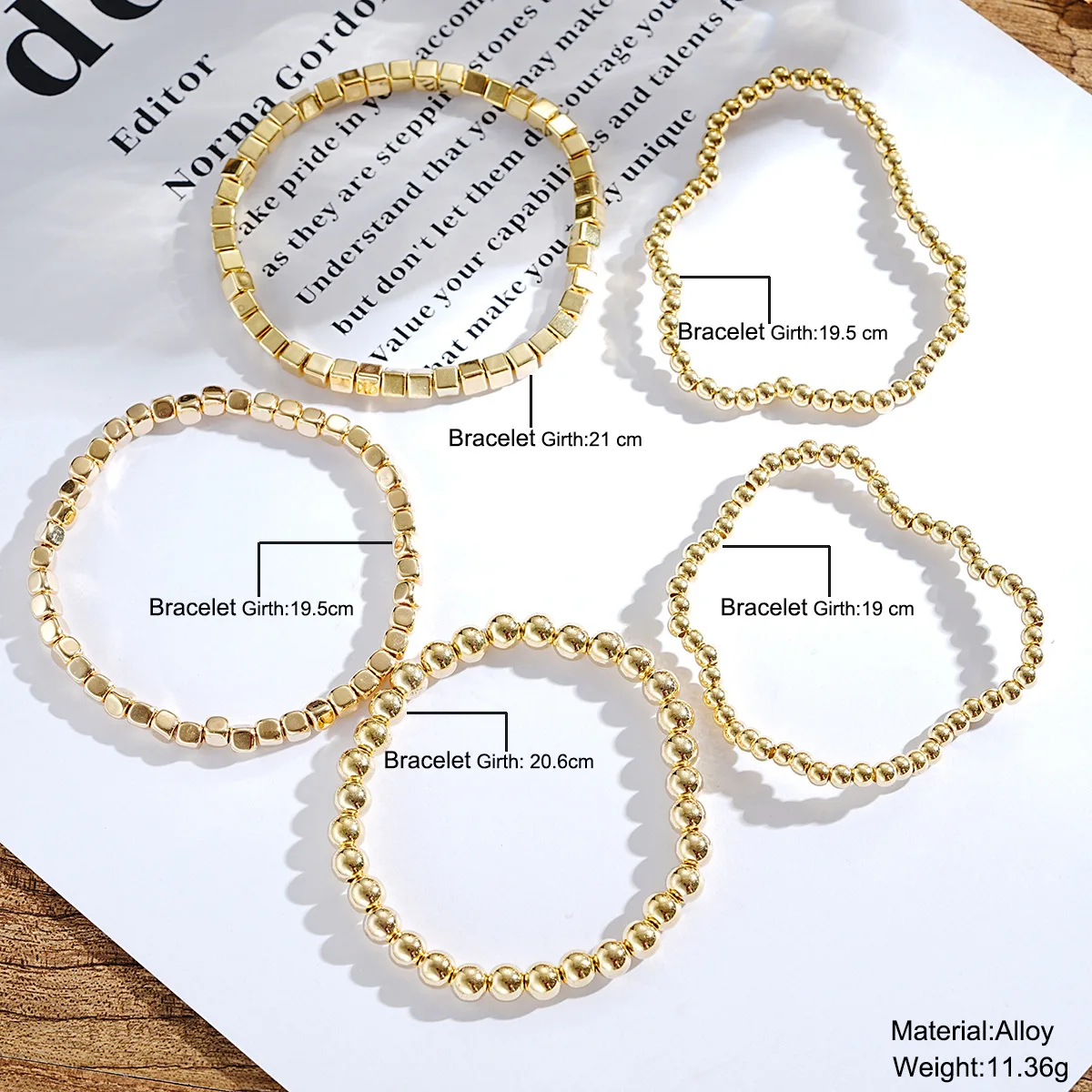 5pcs Boho Fashion Elegant Bracelets For Women New Vintage Geometric Gold Color Elastic Beads Chain Luxury Jewelry Gifts 2024