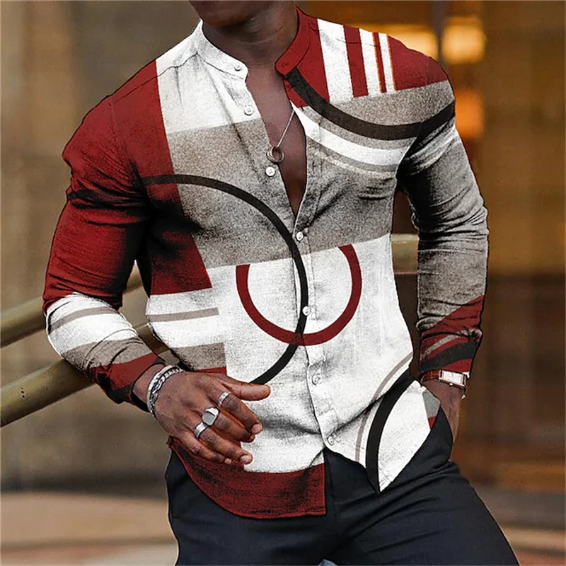 2023 Impression on the shirt graphics of men's shirts Geometric figures Stand-up Ruby Chi Pan's gray-white long-sleeved shirt покрывало lovelife 2 сп geometric figures 180 210±5см микрофайбер 100% п э