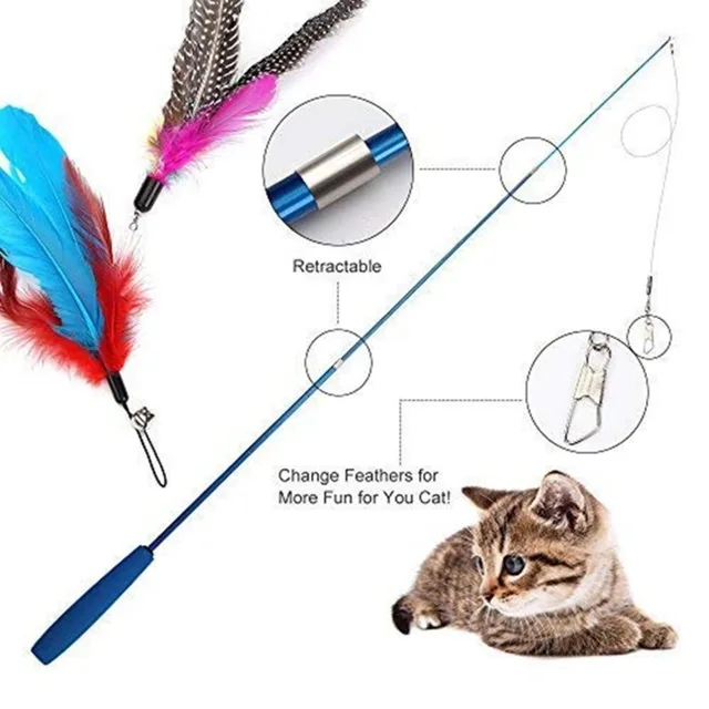 Interactive Cat Feather Toy Feather Teaser Stick Wand Pet Retractable Feather Bell Refill Replacement Catcher Product for Kitten 5