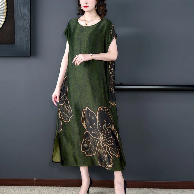 

New large size vintage printed women's dress Noblewoman high-end loose temperament slimming ethnic dress