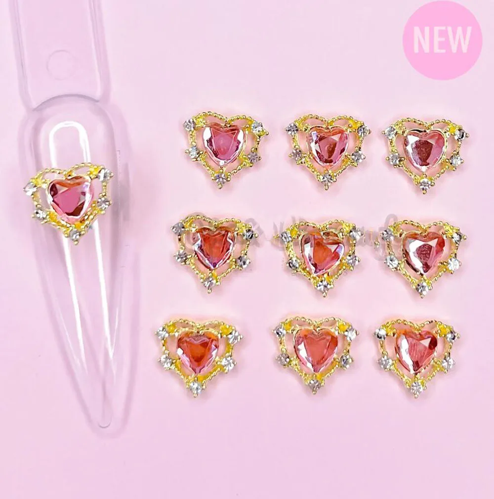 

Double heart & pink crystal (10pcs) - Nail Charms For Nail Art Alloy Accessories Aurora Gems Jewelry For Heart Nail Rhinestone