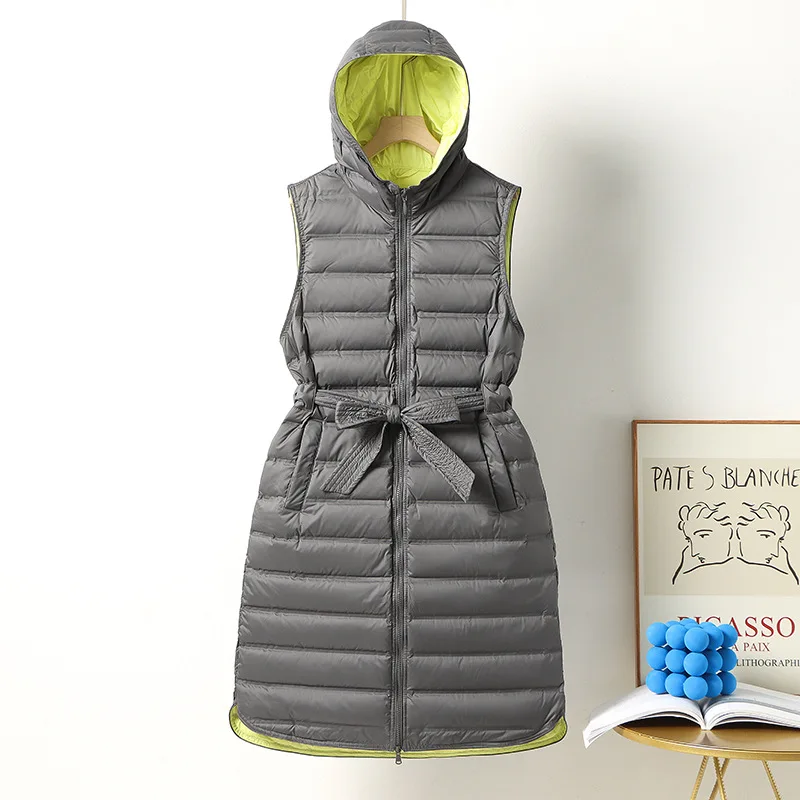 

With Belt Light Thin White Duck Down Vest Autumn Winter Women Sleeveless Hooded Down Waistcoat Parka Lady Warm Long Tank Jacket