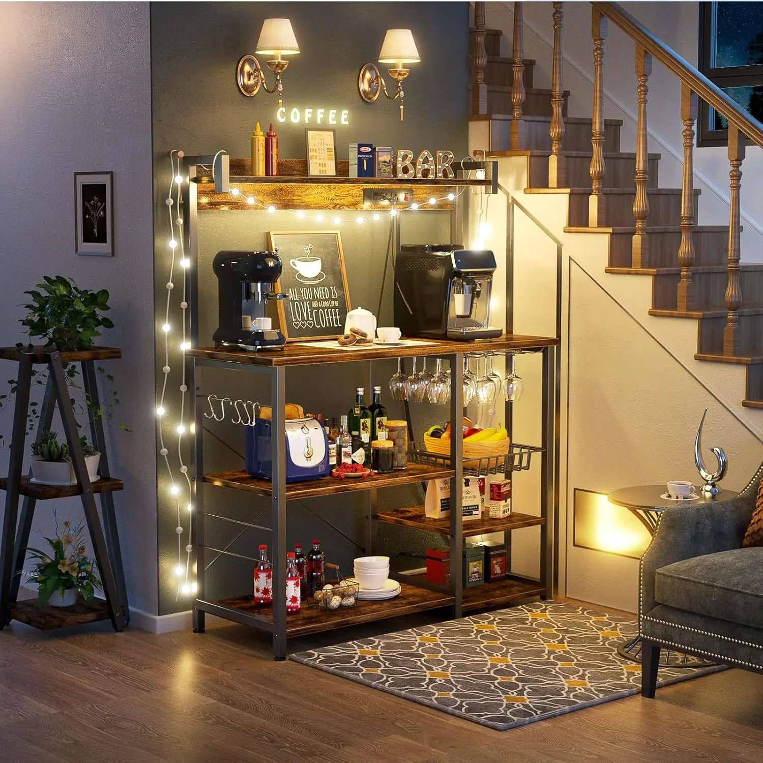 Rack with Power Outlet, Microwave Stand, Kitchen Storage Shelf with Wire Basket, Coffee Bar Station Wine Gl