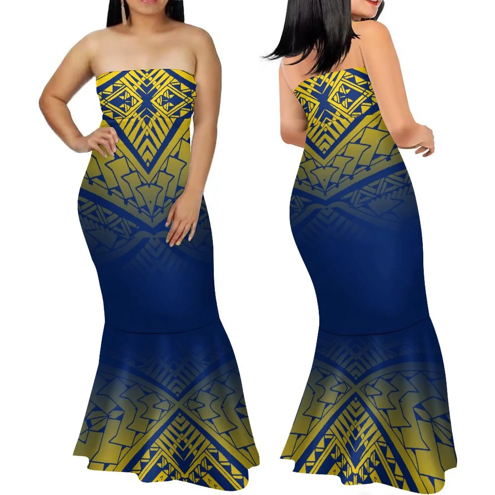 chinese dress ladies Hafa Adai Guam Mermaid Dress Polynesian Floral Blue Pattern LT01