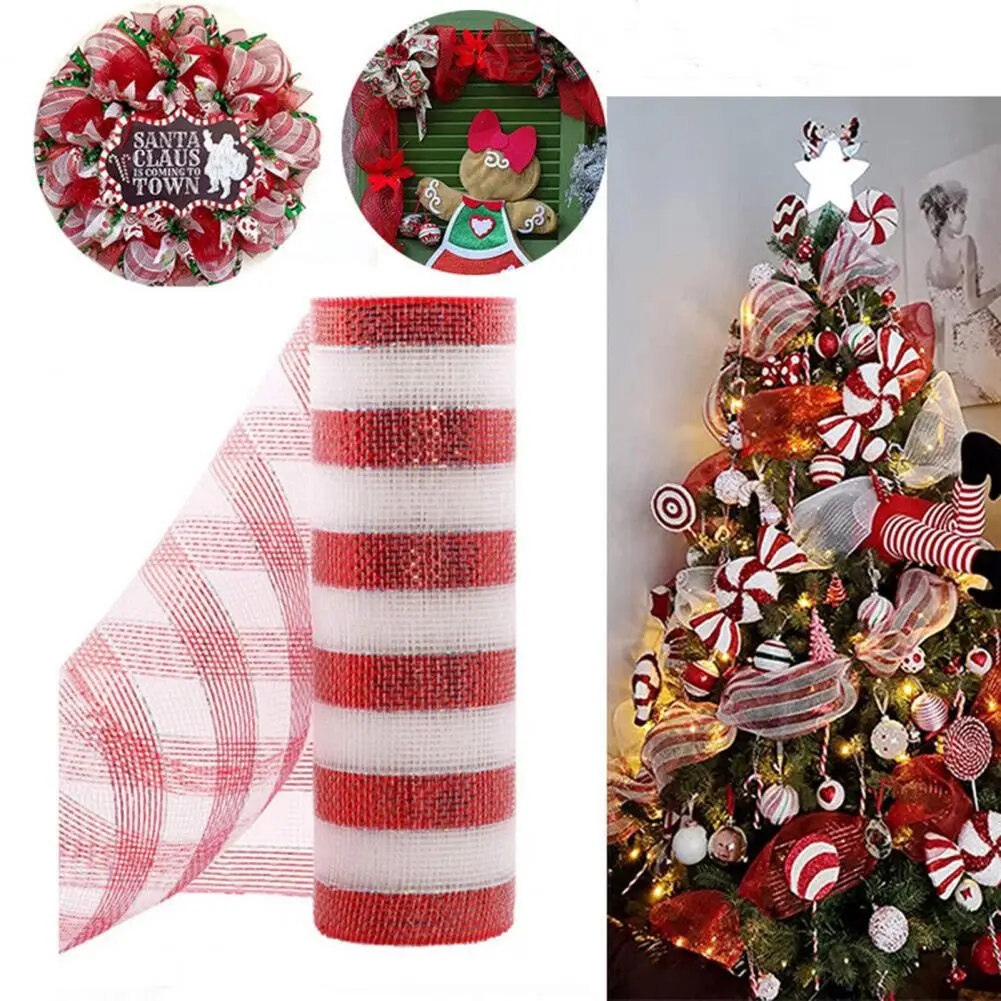 10 Inch X 10 Yards Christmas Mesh Ribbon Red/Red White Stripe Metallic Foil Mesh Roll Wreaths Swags Christmas Tree Home Decor