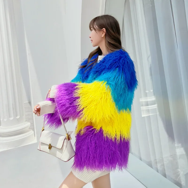 European and American Fur Imitation Beach Wool Medium Length V-neck Gemstone Sky Blue Yellow Purple Contrasting Fur Patchwork