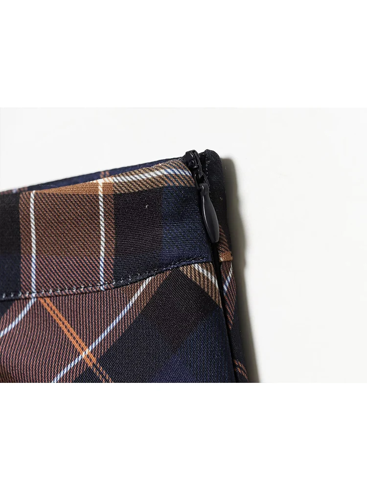 Women Vintage Plaid Skirt Autumn Winter Casual  Side Zipper A- Line Skirt Elegant Mid-Length Pockets Skirt Fashion Lady Clothes