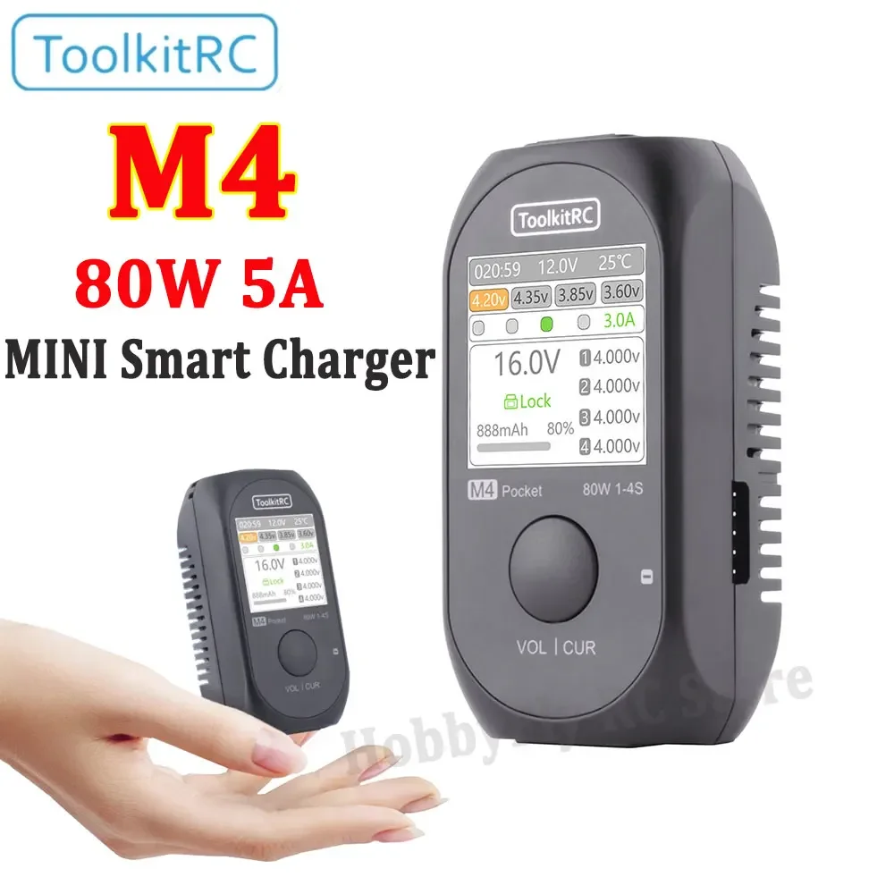 Toolkitrc M4 Pocket 80W 5A Mini Smart Charger Xt30 Xt60 Input Usb-C Input/Output Charger Con Display Grandangolare Trasparente Luminoso Ips