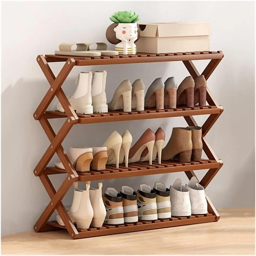Shoe Rack Foldable Rack, Narrow Bamboo Organizer with X-Shape Cross Structure, Free Standing Storage Shelf for