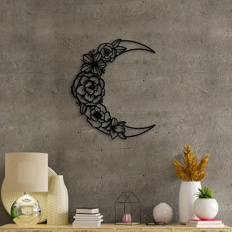 

1pc Moon Flower Metal Home Indoor Living Room Wall Art Decorations Creative Gifts Black Iron Flower Silhouette Home Decor