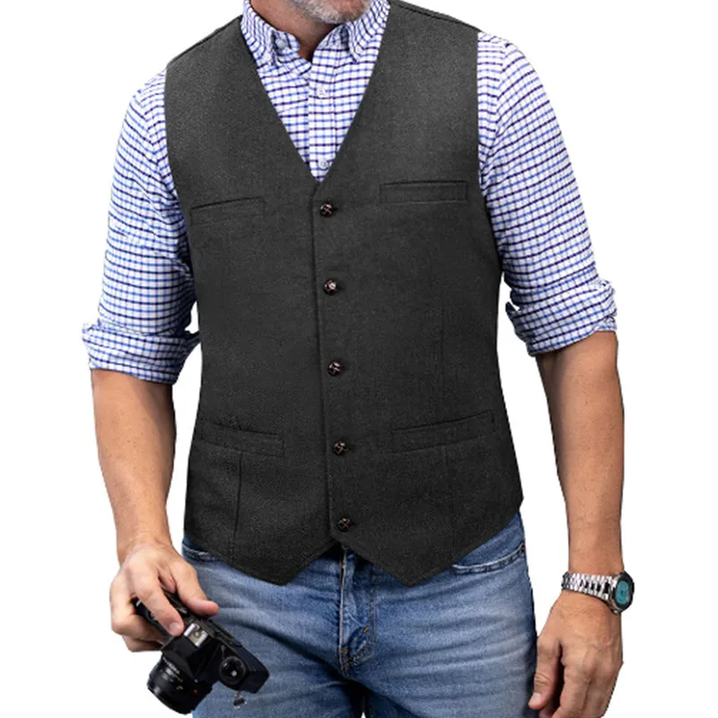 Men's Casual Classic Suit Vest V Neck Herringbone Tweed Slim Fit Business Waistcoat For Wedding 3