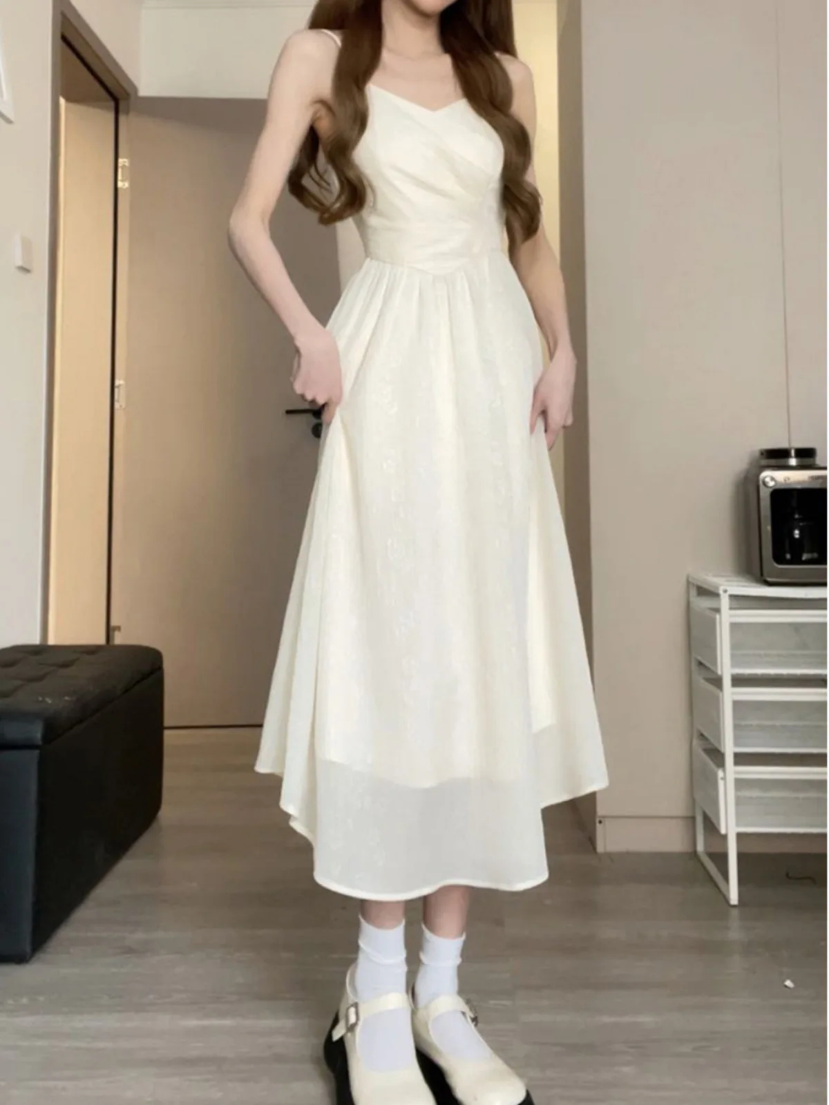 

CGC Korean Fashion Spaghetti Strap Summer Dresses For Women 2024 New Simple Solid Elegant Long White Dresses Slim Mini Dress