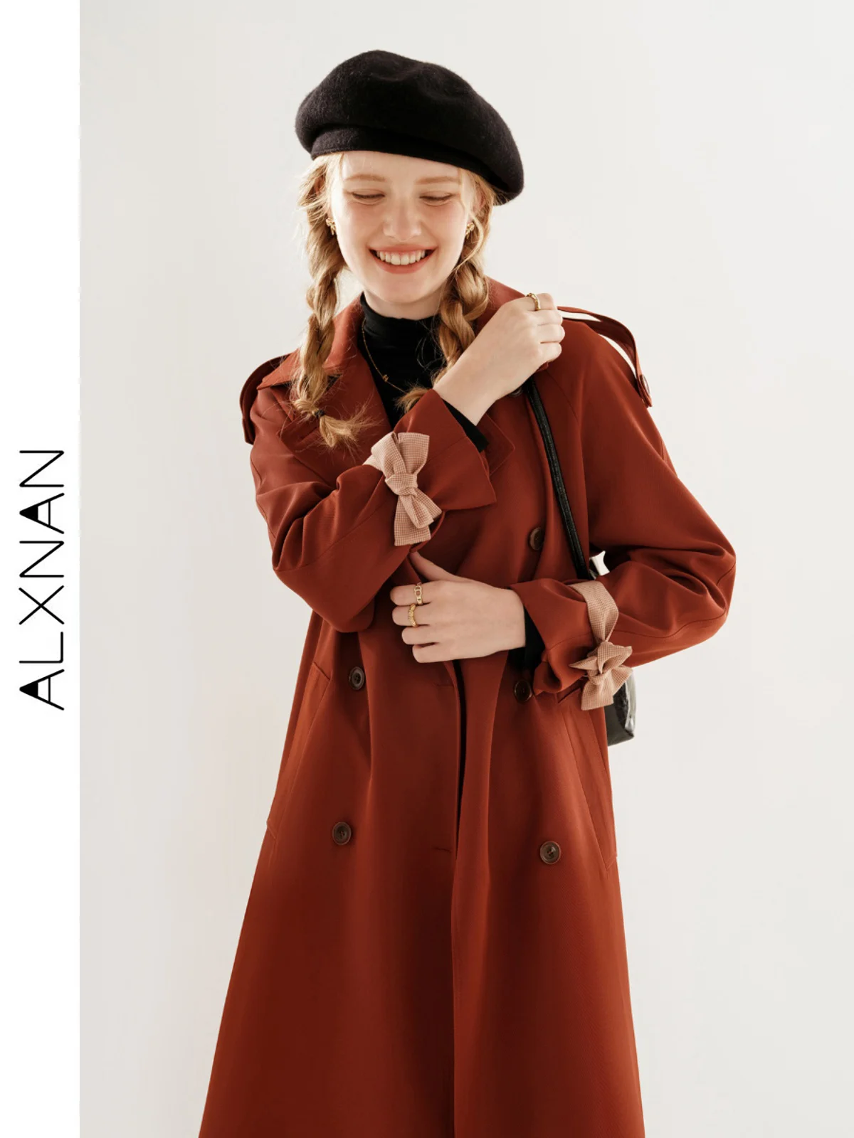 

Женский свободный однобортный Тренч ALXNAN, куртка средней длины на бретелях с бантом, Осень-зима 2024