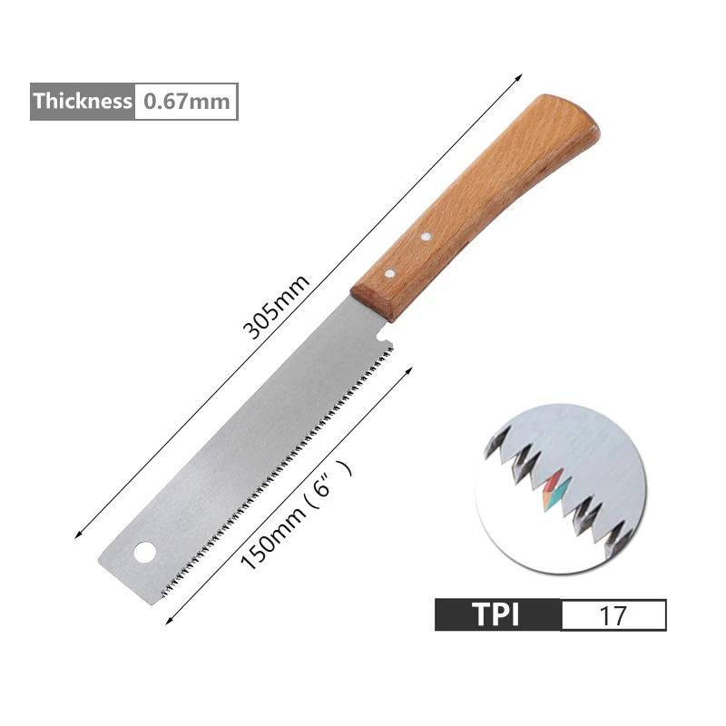 150mm Wood Saw SK5 Steel 3-Edge Tooth 17 TPI Japanese Saw Flush Cut Trim for Woodworking