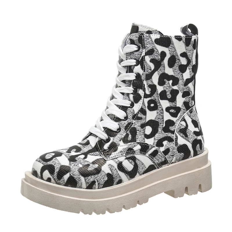 Shoes for Women 2023 Winter Platform Women's Boots High Top Lace Up Motorcycle Boots Trendy Leopard Print Ladies Ankle Boots
