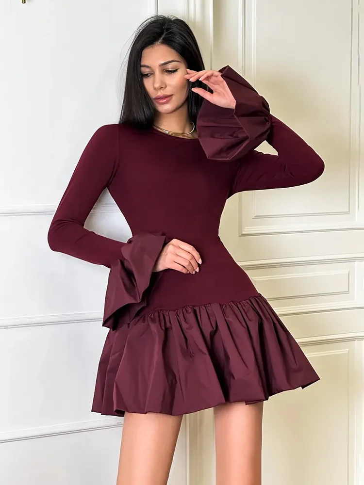 Angora Red Flare Sleeve Mini Dress For Women Fashion Splice Folds Autumn Winter Dress A-Line Sweet Bodycon Women Clothes