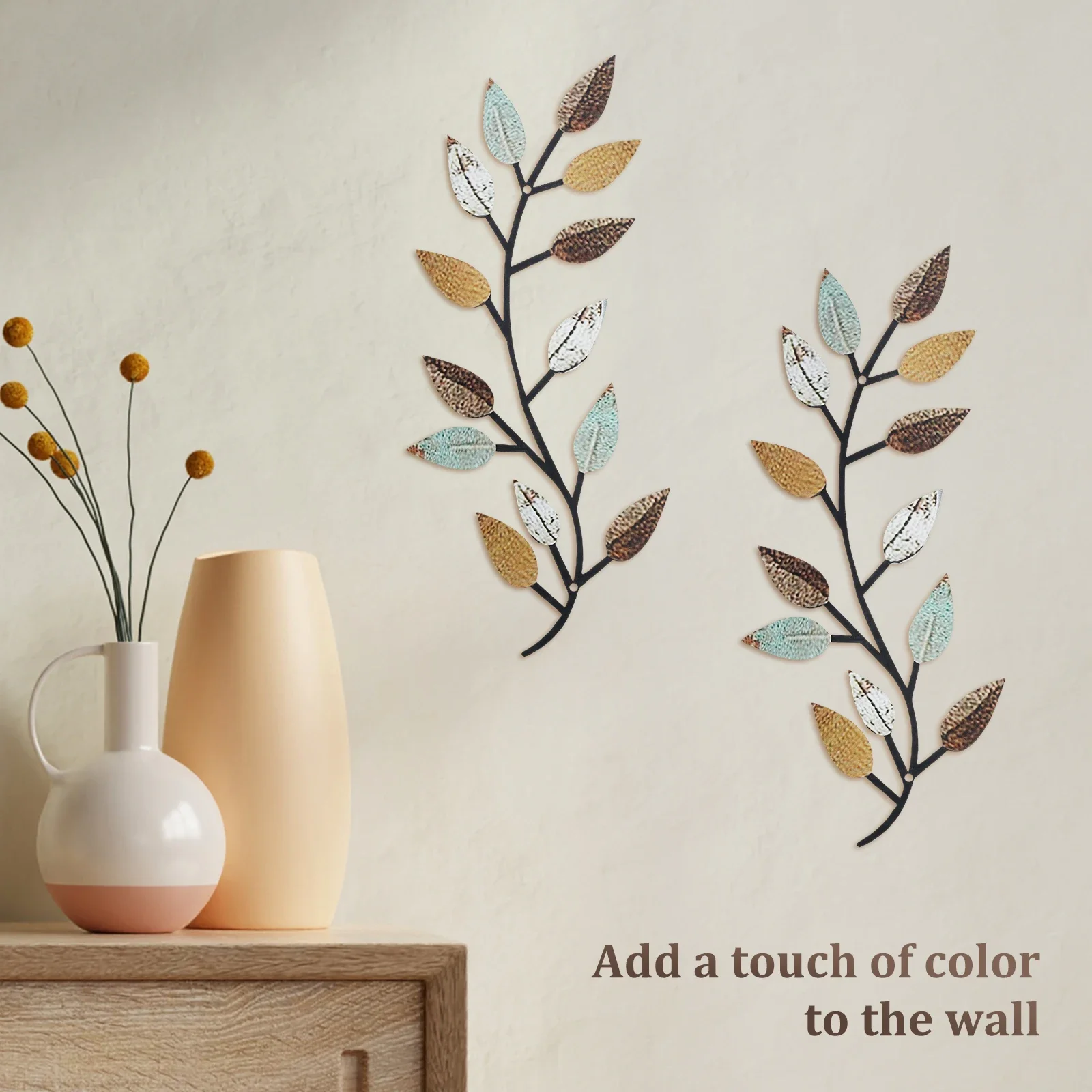 2PCS Metal Tree Leaf Wall Decor Decorative Vine Olive Branch Leaf Wall Art Elegant Wrought Iron Scroll for Living Room Bedroom