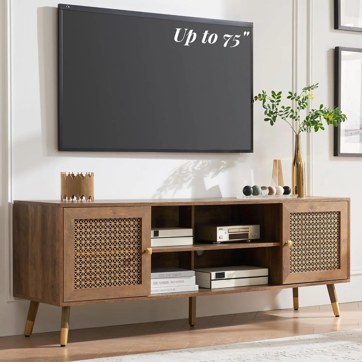 

Wood Mid Century TV Stand for 75 inch TV,Modern Entertainment Center with Metal Mesh Cabinet Doors, and 4 Storage Open Shelves